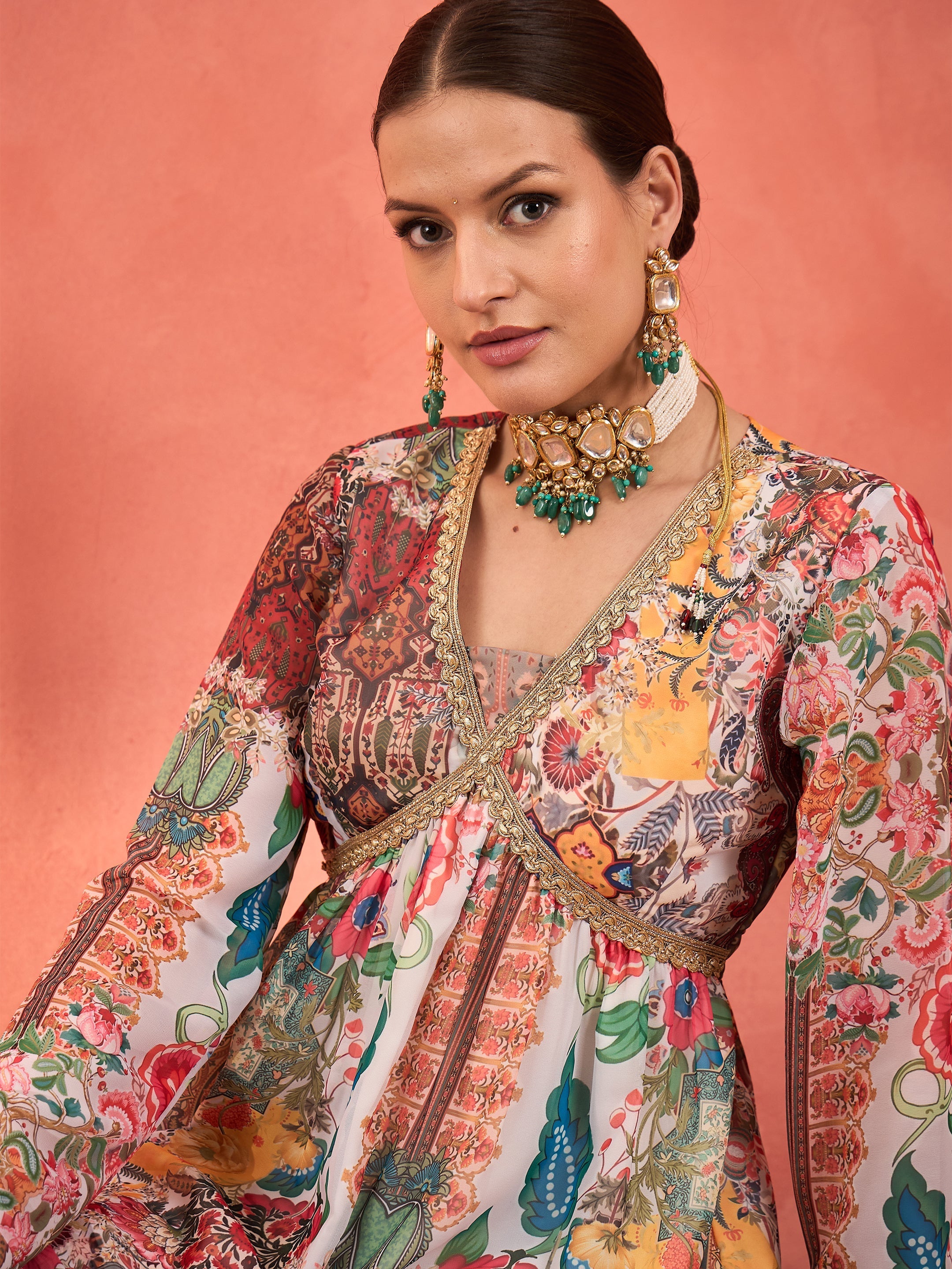 Women White Multi Floral Peplum Top With Sharara Pants-SHSET96248