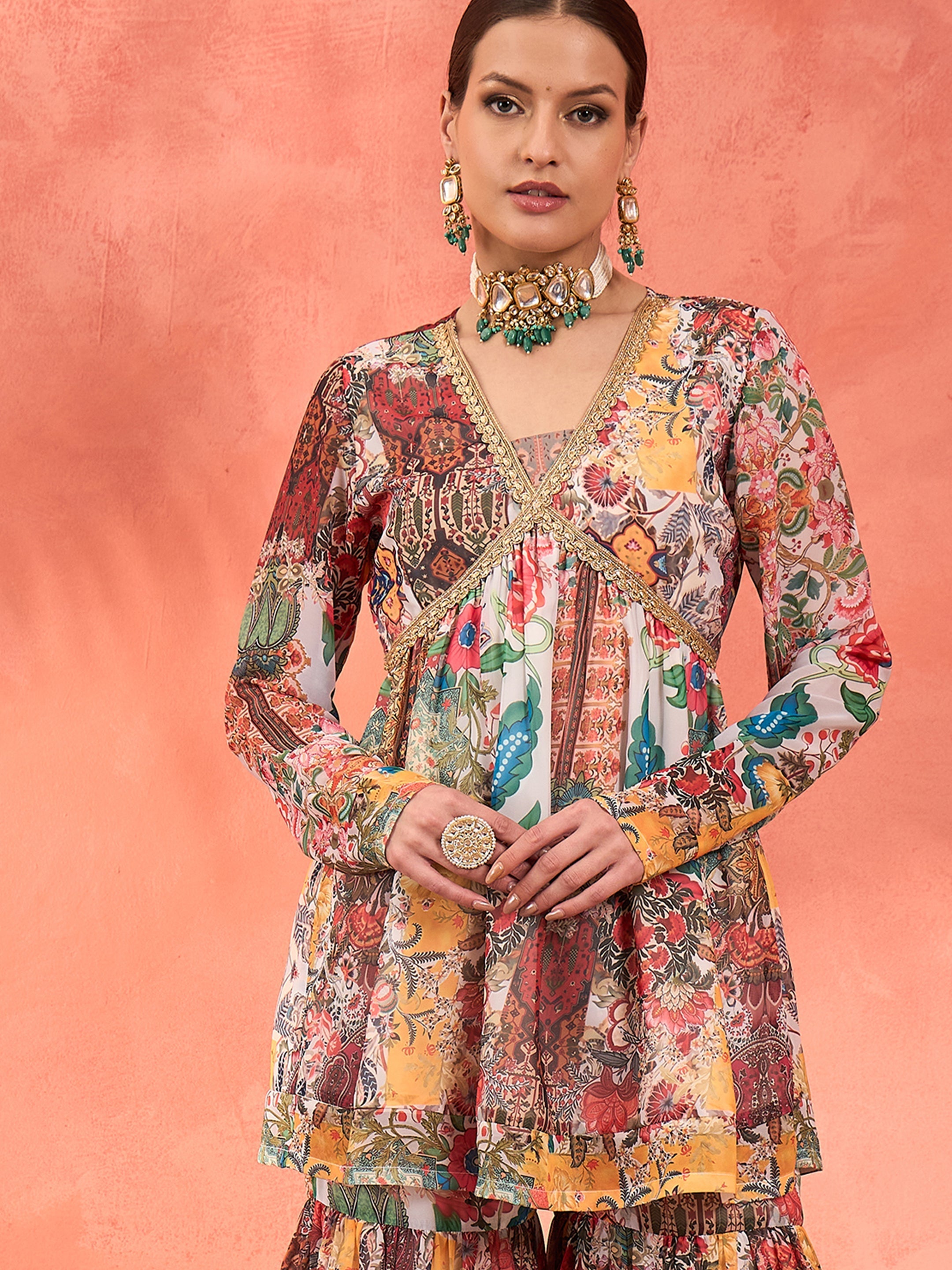 Women White Multi Floral Peplum Top With Sharara Pants-SHSET96248