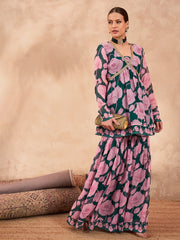 Women Green & Pink Floral Peplum Top With Sharara Pants-SHSET96249