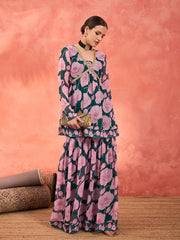 Women Green & Pink Floral Peplum Top With Sharara Pants-SHSET96249