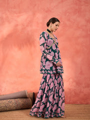 Women Green & Pink Floral Peplum Top With Sharara Pants-SHSET96249