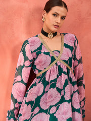 Women Green & Pink Floral Peplum Top With Sharara Pants-SHSET96249