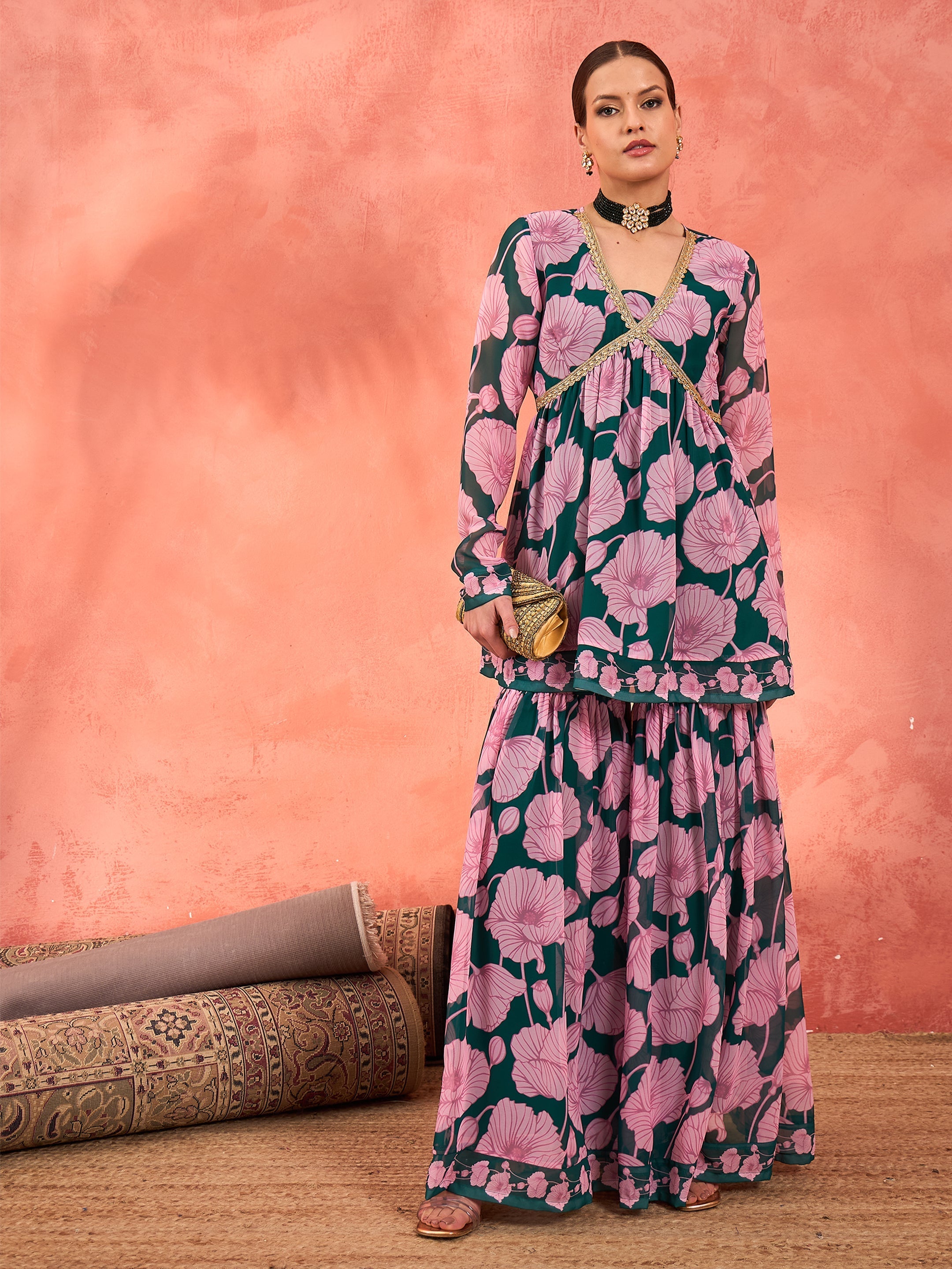 Women Green & Pink Floral Peplum Top With Sharara Pants-SHSET96249