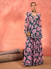 Women Green & Pink Floral Peplum Top With Sharara Pants-SHSET96249