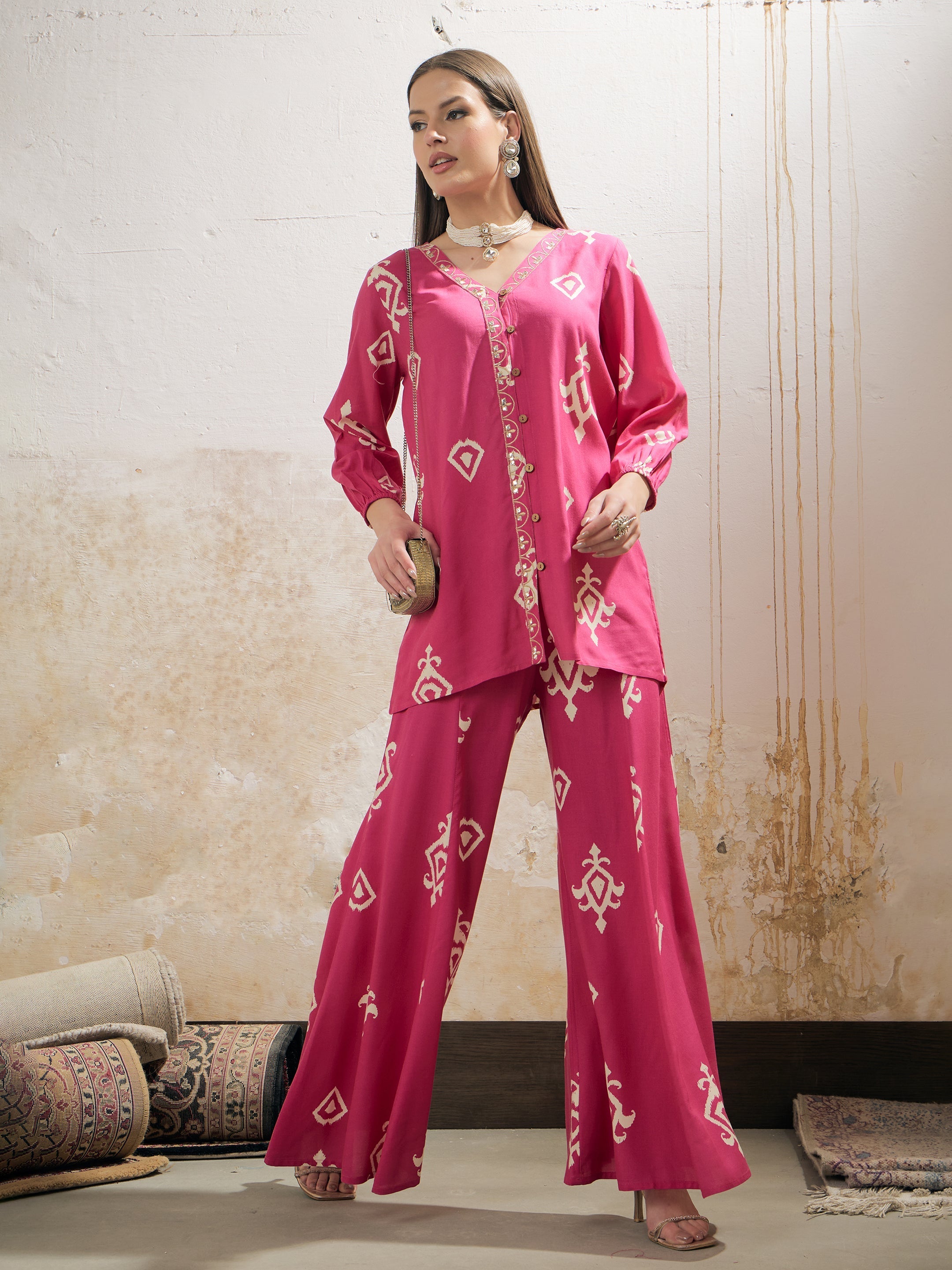 Women Pink & White Ethnic Motif Rayon Shirt With Palazzos-SHSET96250