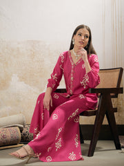 Women Pink & White Ethnic Motif Rayon Shirt With Palazzos-SHSET96250