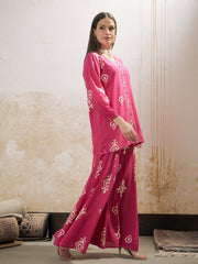 Women Pink & White Ethnic Motif Rayon Shirt With Palazzos-SHSET96250