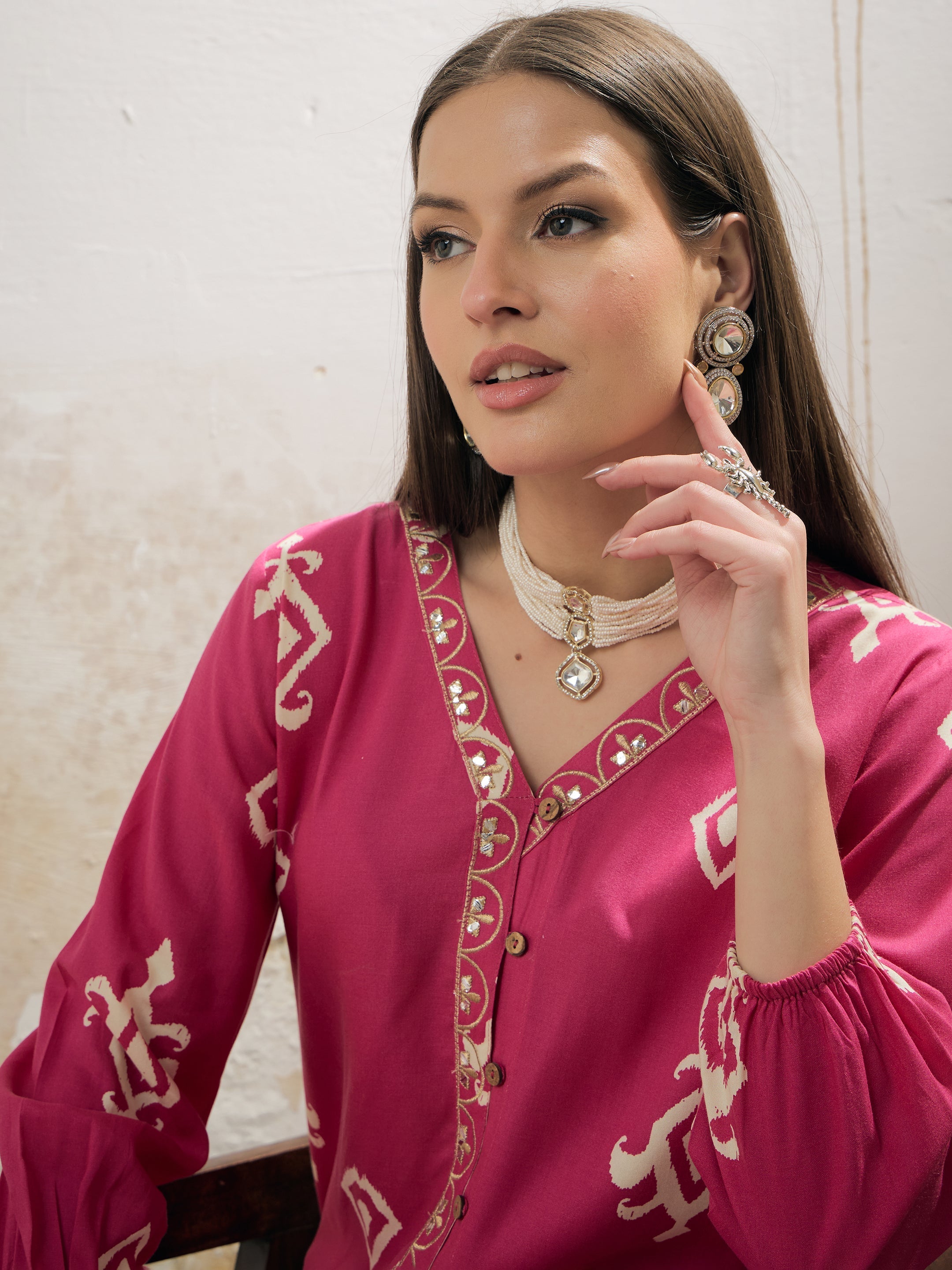 Women Pink & White Ethnic Motif Rayon Shirt With Palazzos-SHSET96250