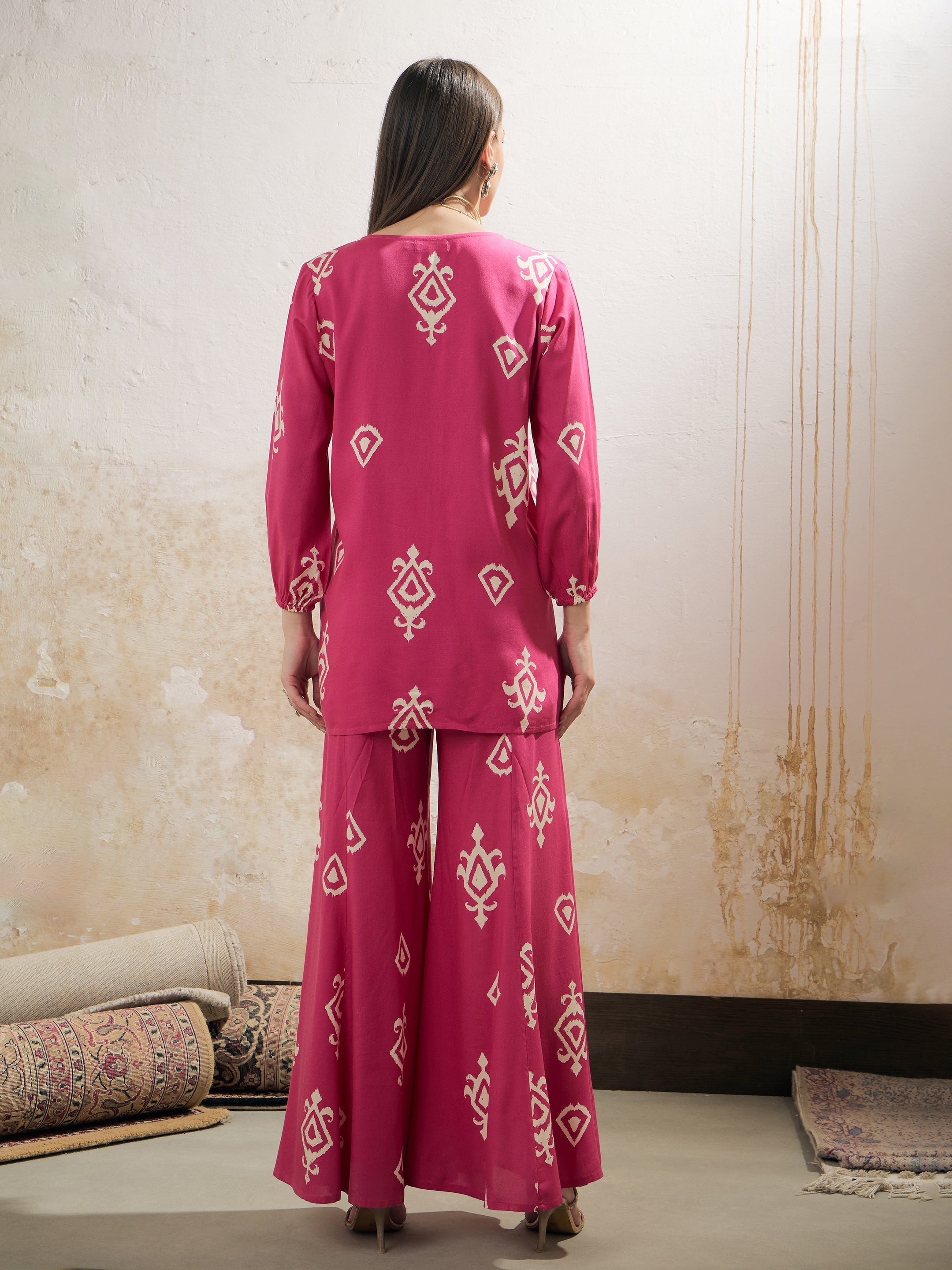 Women Pink & White Ethnic Motif Rayon Shirt With Palazzos-SHSET96250