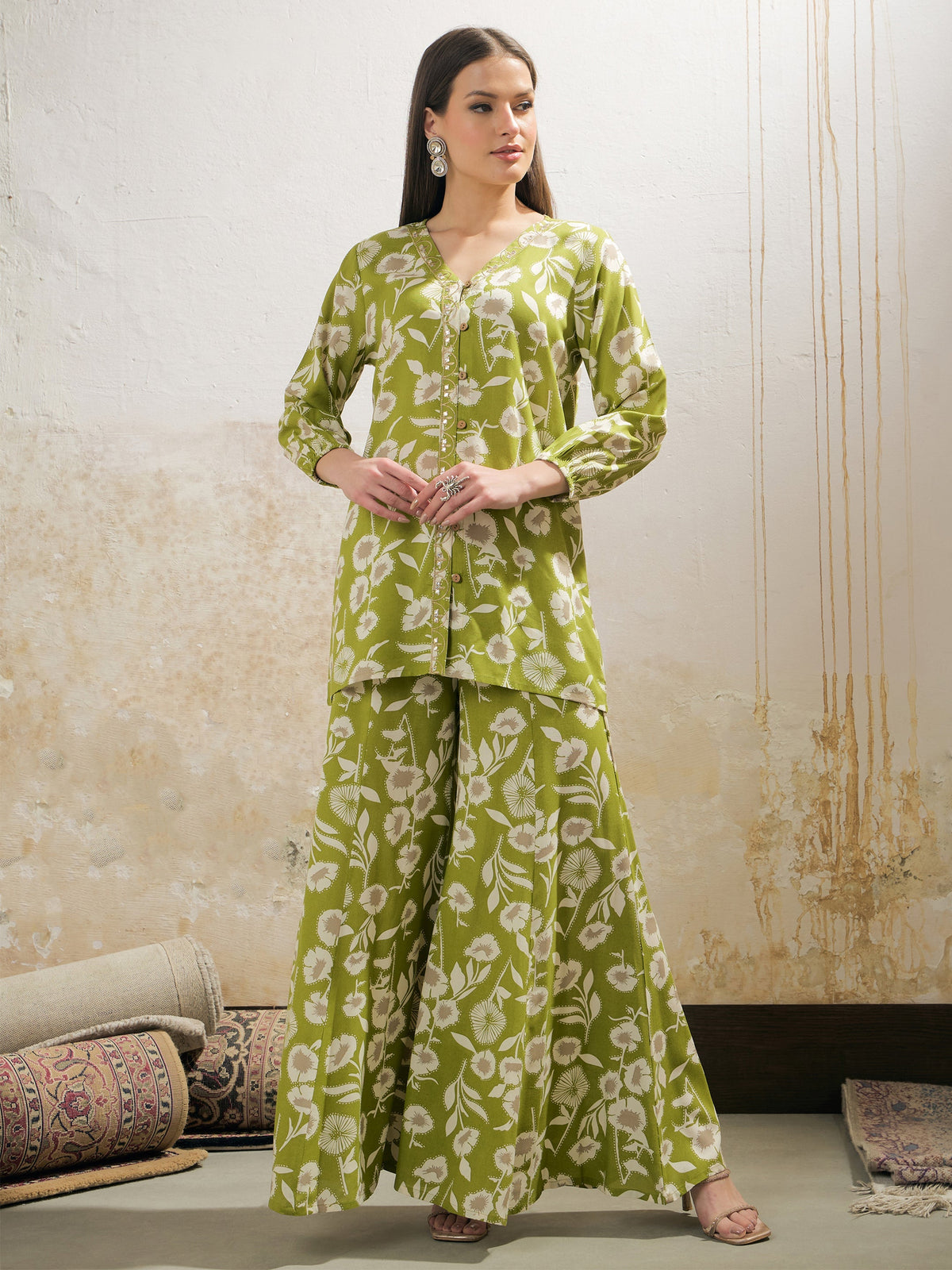 Women Green & White Floral Rayon Shirt With Palazzos-SHSET96251