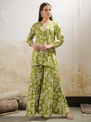 Women Green & White Floral Rayon Shirt With Palazzos-SHSET96251