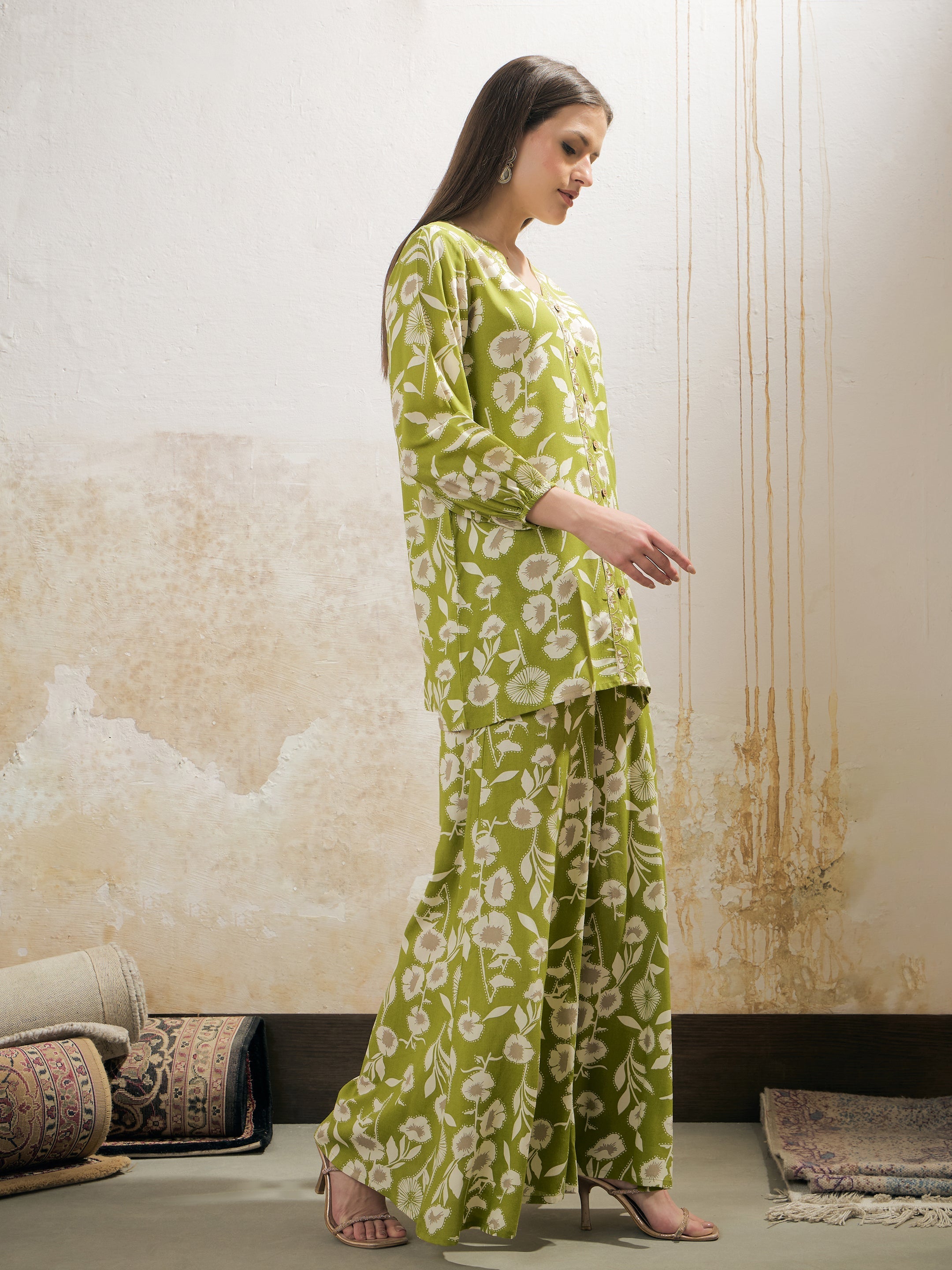 Women Green & White Floral Rayon Shirt With Palazzos-SHSET96251