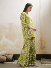 Women Green & White Floral Rayon Shirt With Palazzos-SHSET96251