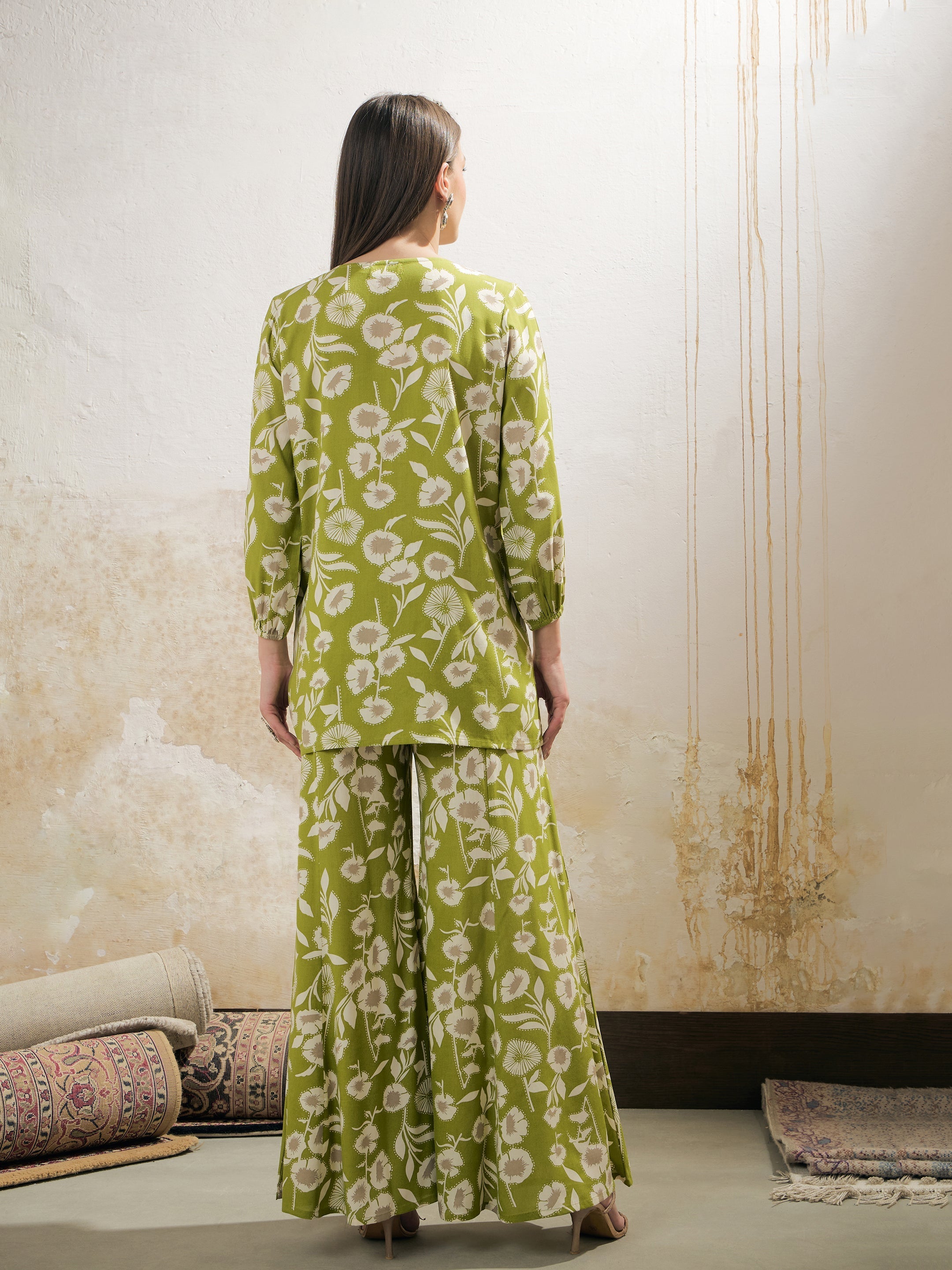 Women Green & White Floral Rayon Shirt With Palazzos-SHSET96251