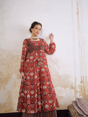 Women Maroon Floral Front Yoke Anarkali Kurta With Palazzo Pants-SHSET96253
