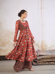 Women Maroon Floral Front Yoke Anarkali Kurta With Palazzo Pants-SHSET96253