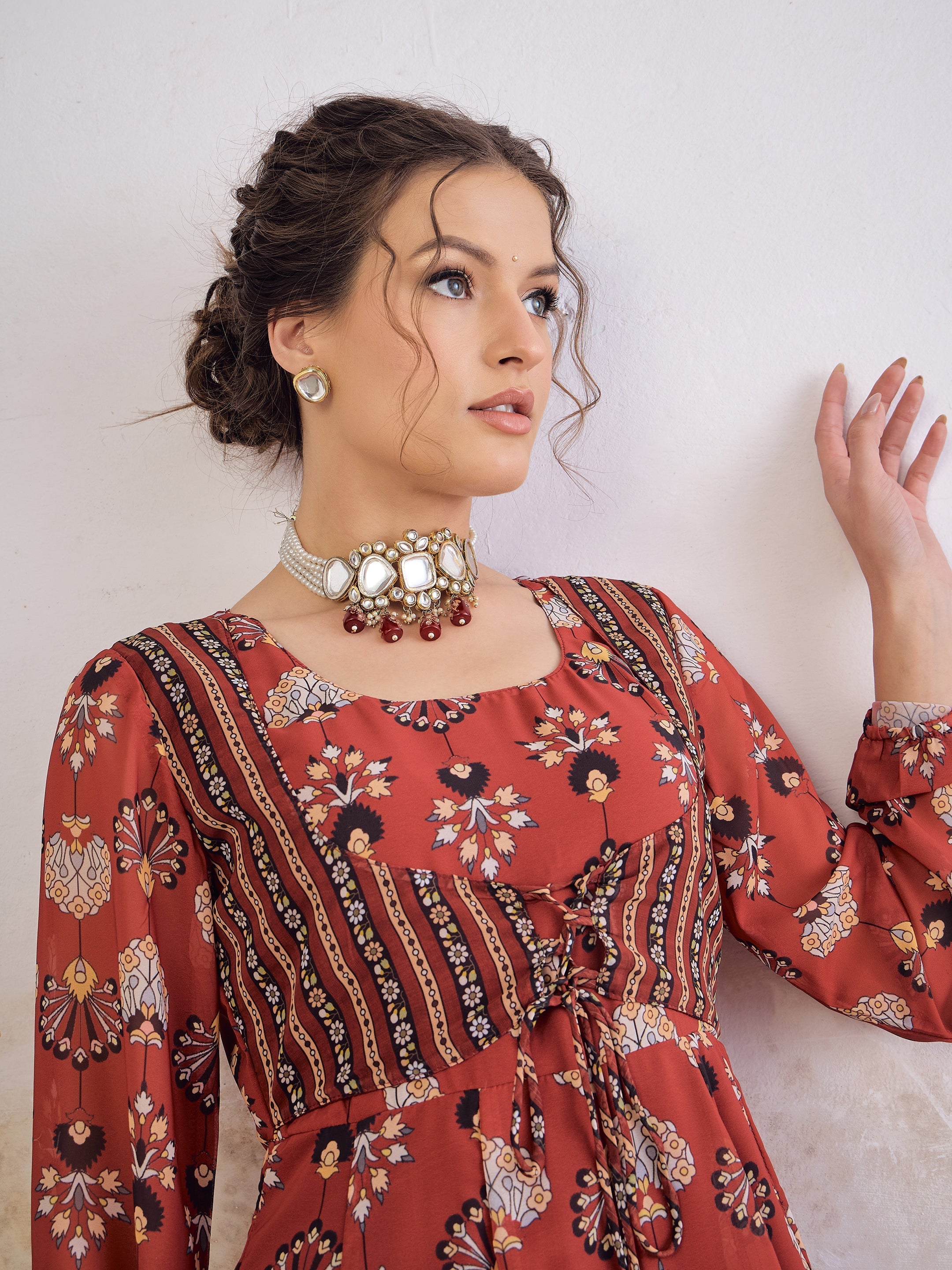 Women Maroon Floral Front Yoke Anarkali Kurta With Palazzo Pants-SHSET96253