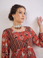 Women Maroon Floral Front Yoke Anarkali Kurta With Palazzo Pants-SHSET96253