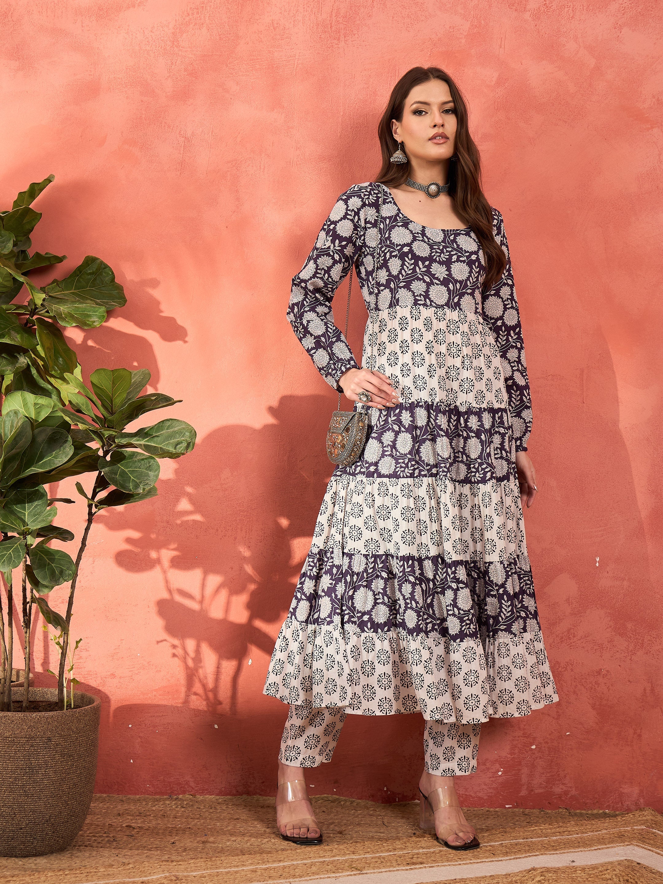 Women Navy & White Cambric Tired Kurta With Pencil Pants-SHSET96255