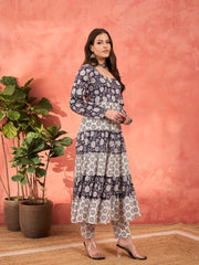 Women Navy & White Cambric Tired Kurta With Pencil Pants-SHSET96255