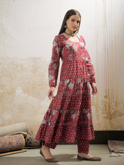 Women Maroon & White Cambric Tired Kurta With Pencil Pants-SHSET96256