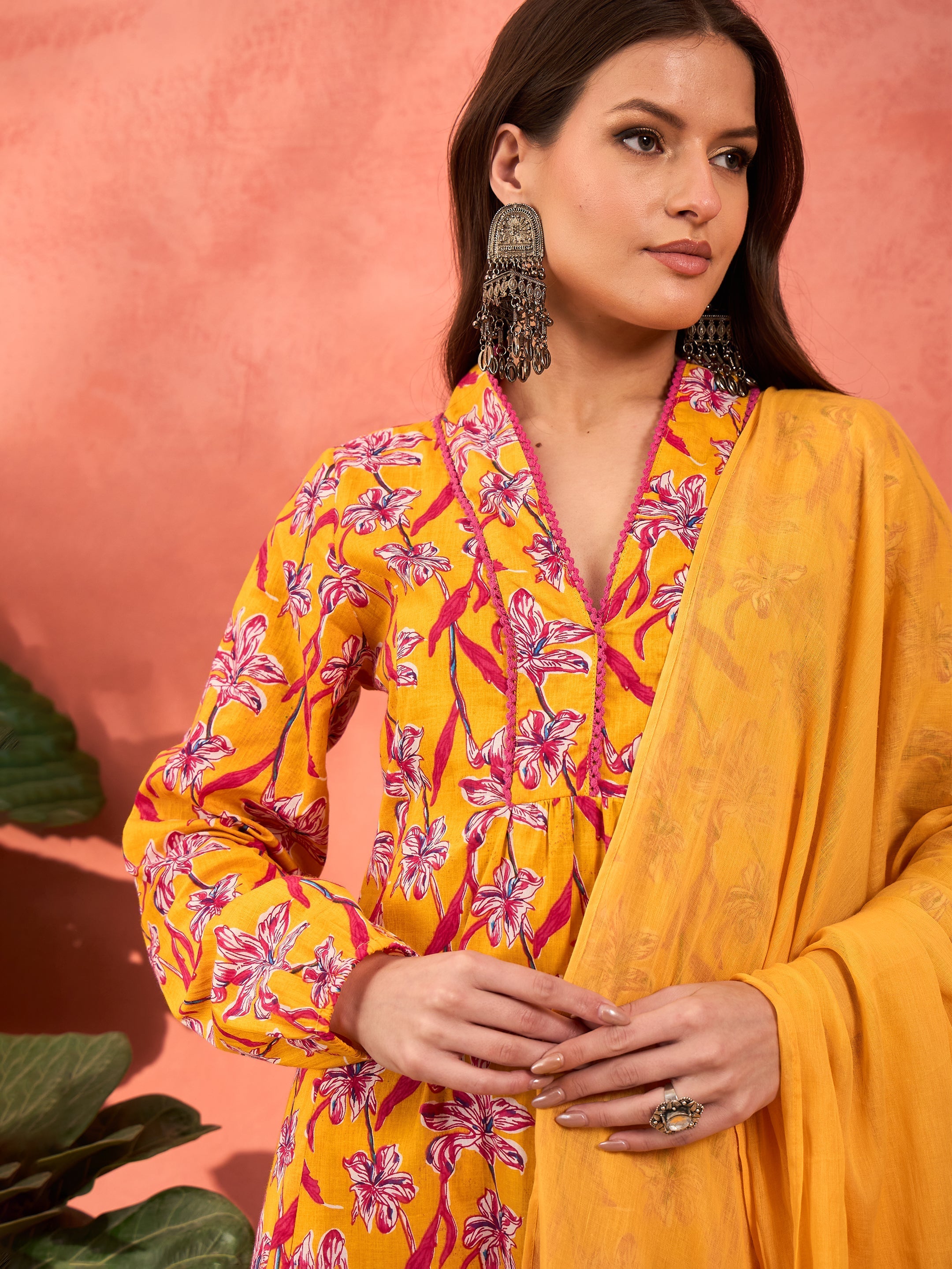 Women Yellow Floral Cambric V Neck Kurta With Pencil Pants & Dupatta-SHSET96257