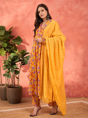 Women Yellow Floral Cambric V Neck Kurta With Pencil Pants & Dupatta-SHSET96257
