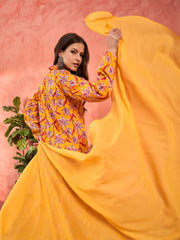 Women Yellow Floral Cambric V Neck Kurta With Pencil Pants & Dupatta-SHSET96257