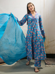 Women Aqua Blue Floral Cambric V Neck Kurta With Pencil Pants & Dupatta-SHSET96258