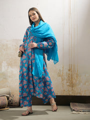 Women Aqua Blue Floral Cambric V Neck Kurta With Pencil Pants & Dupatta-SHSET96258