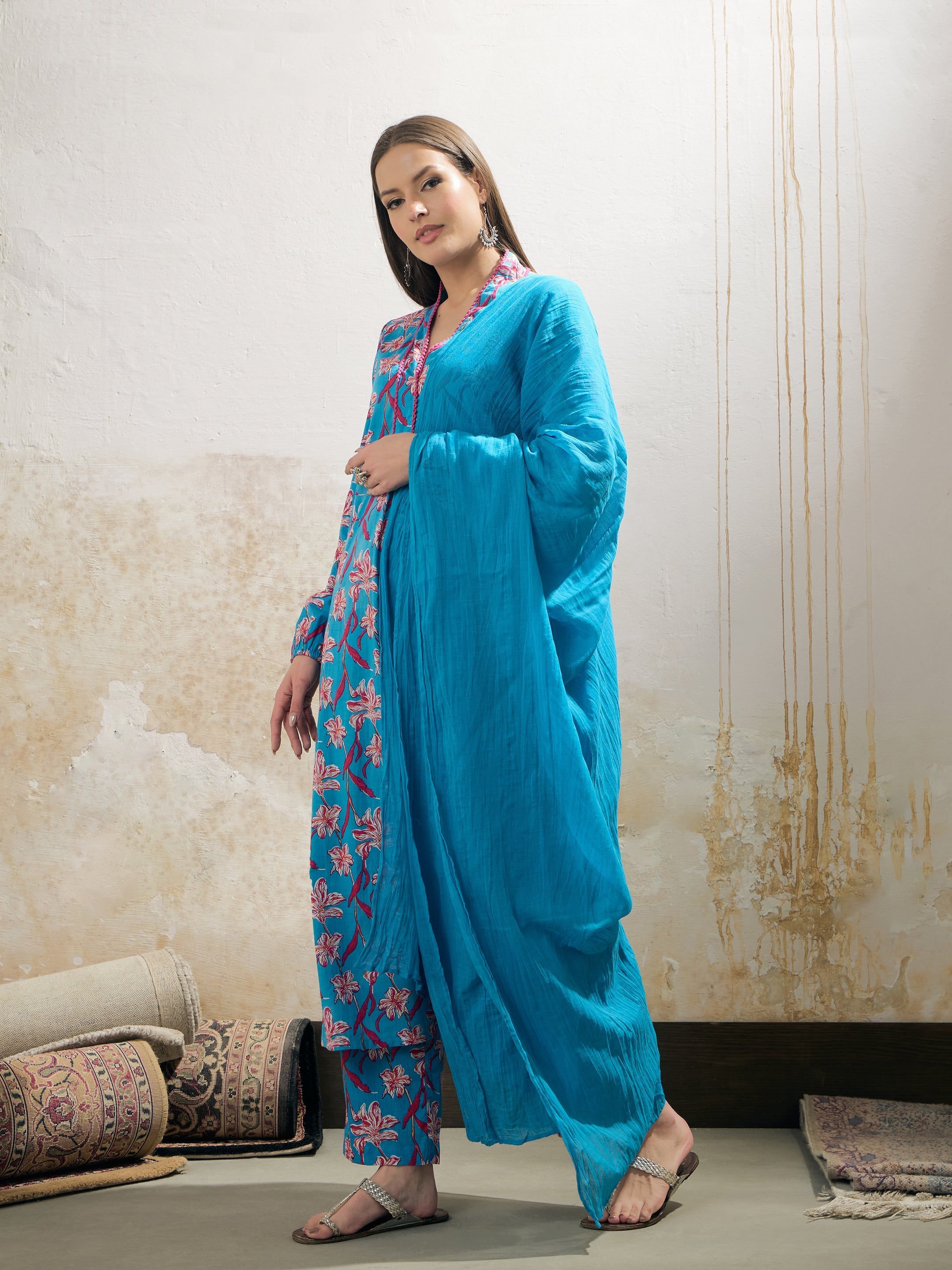 Women Aqua Blue Floral Cambric V Neck Kurta With Pencil Pants & Dupatta-SHSET96258