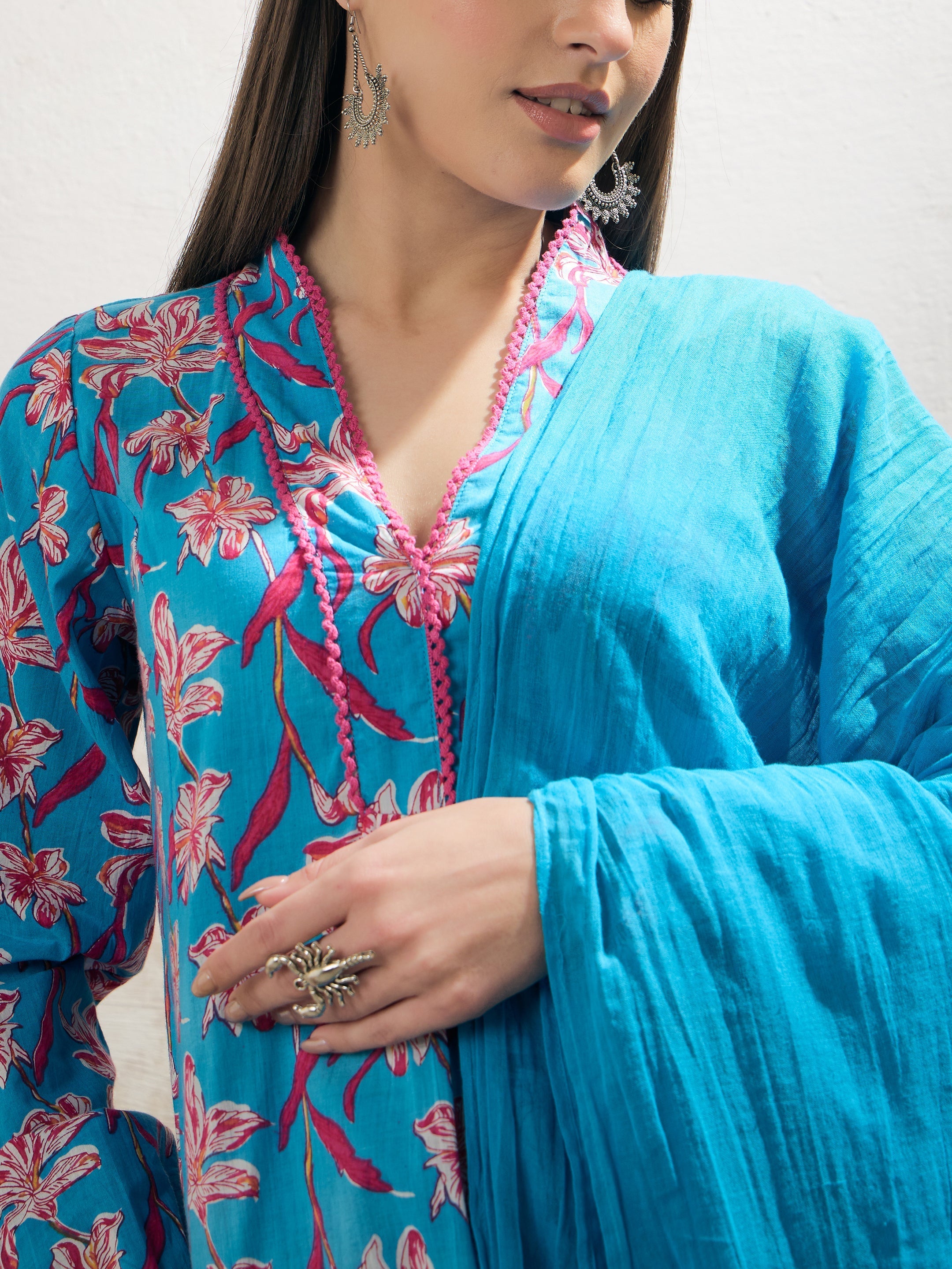 Women Aqua Blue Floral Cambric V Neck Kurta With Pencil Pants & Dupatta-SHSET96258
