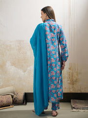 Women Aqua Blue Floral Cambric V Neck Kurta With Pencil Pants & Dupatta-SHSET96258