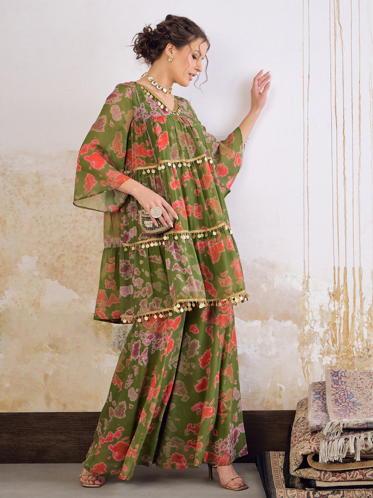Women Green Tie & Dye Coin Lace Tired Kurta With Sharara Pants-SHSET96261