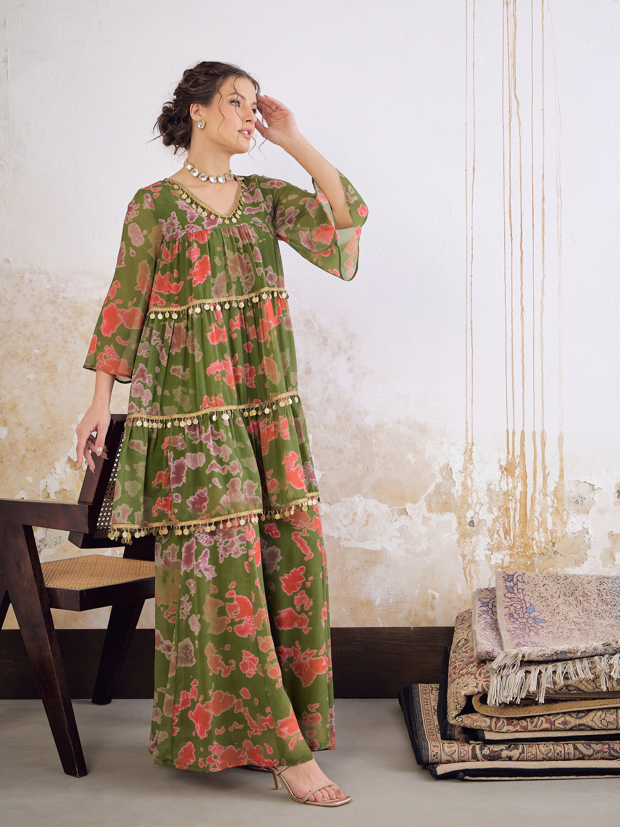 Women Green Tie & Dye Coin Lace Tired Kurta With Sharara Pants-SHSET96261
