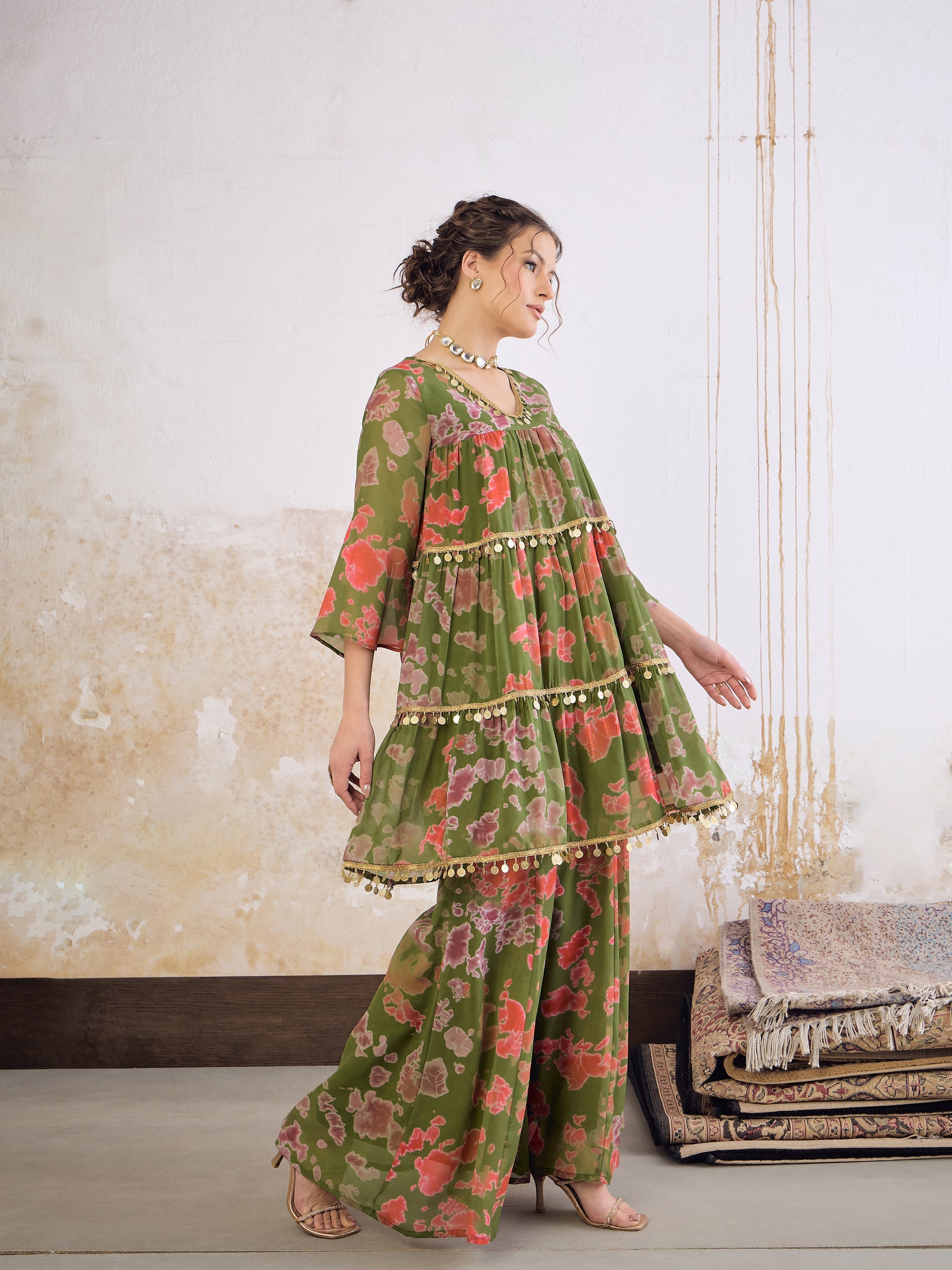 Women Green Tie & Dye Coin Lace Tired Kurta With Sharara Pants-SHSET96261