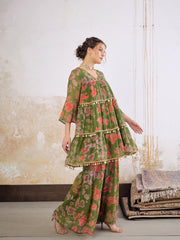Women Green Tie & Dye Coin Lace Tired Kurta With Sharara Pants-SHSET96261