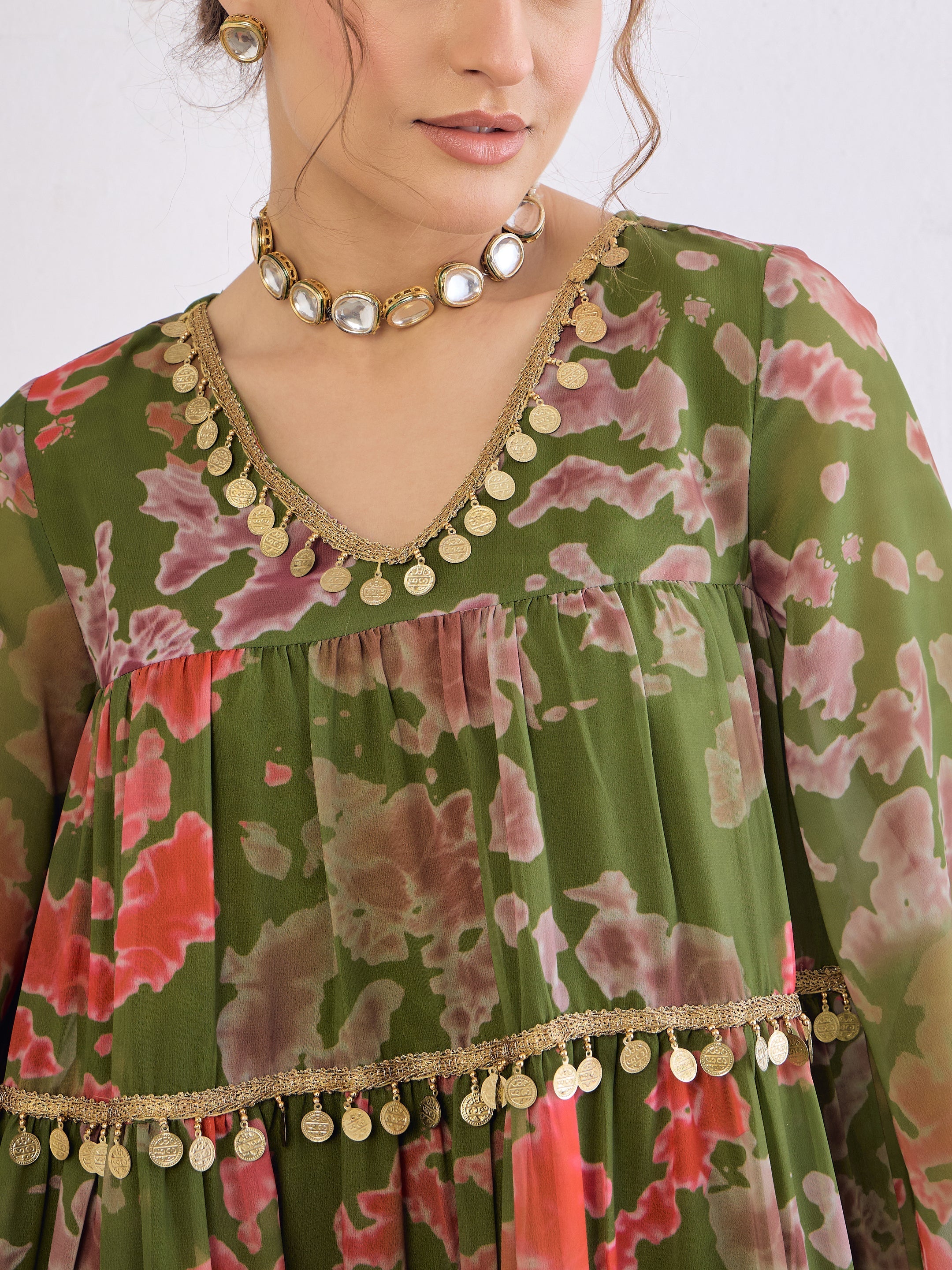 Women Green Tie & Dye Coin Lace Tired Kurta With Sharara Pants-SHSET96261