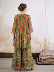 Women Green Tie & Dye Coin Lace Tired Kurta With Sharara Pants-SHSET96261