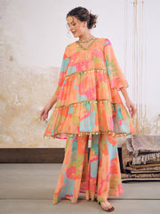 Women Orange Tie & Dye Coin Lace Tired Kurta With Sharara Pants-SHSET96262