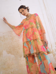Women Orange Tie & Dye Coin Lace Tired Kurta With Sharara Pants-SHSET96262