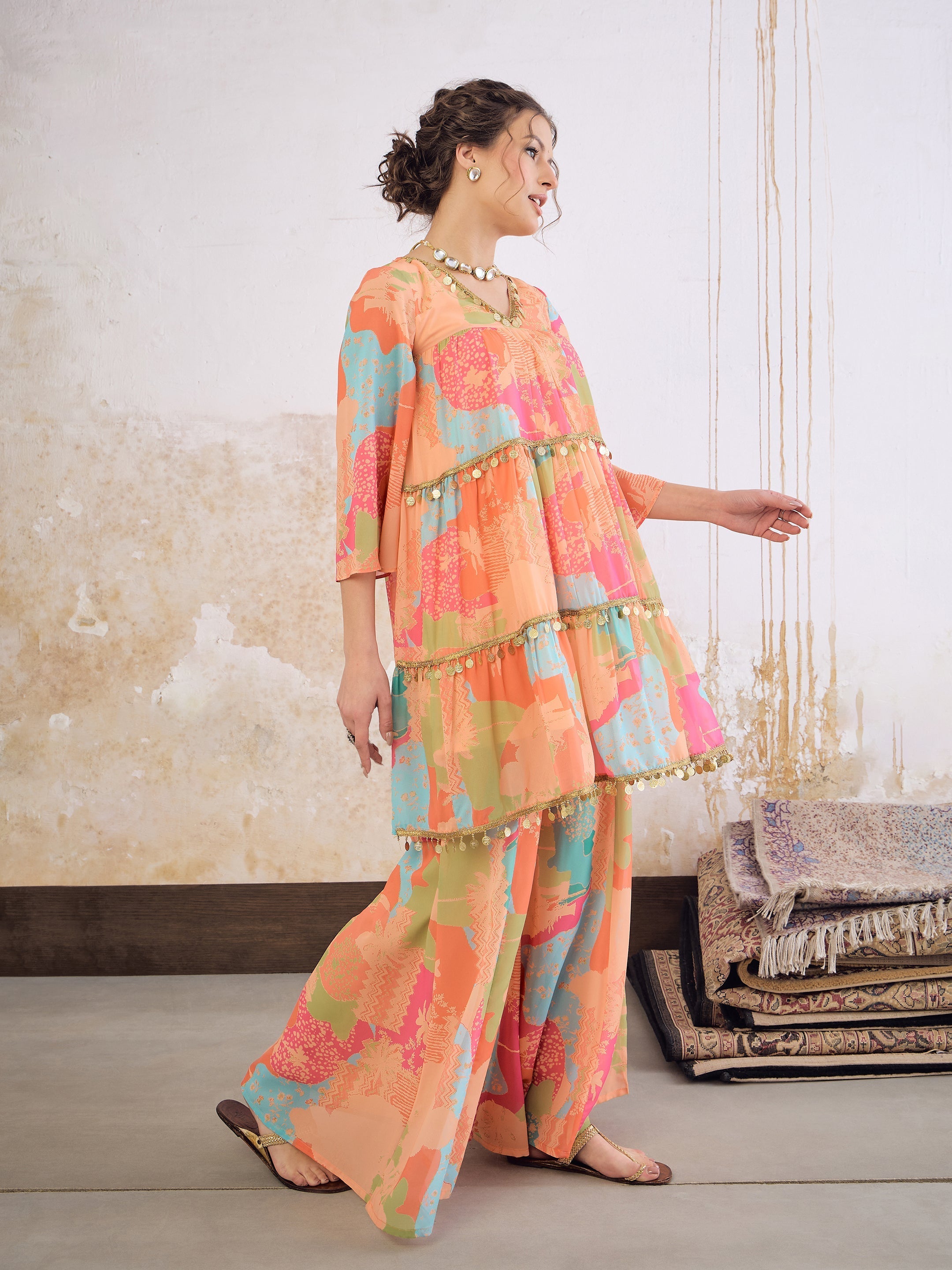 Women Orange Tie & Dye Coin Lace Tired Kurta With Sharara Pants-SHSET96262