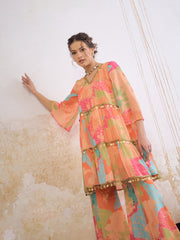 Women Orange Tie & Dye Coin Lace Tired Kurta With Sharara Pants-SHSET96262