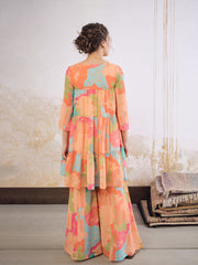 Women Orange Tie & Dye Coin Lace Tired Kurta With Sharara Pants-SHSET96262