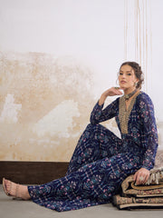 Women Navy Blue Floral Short Kurta With Palazzo Pants-SHSET96265