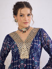 Women Navy Blue Floral Short Kurta With Palazzo Pants-SHSET96265