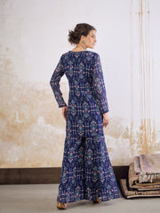 Women Navy Blue Floral Short Kurta With Palazzo Pants-SHSET96265