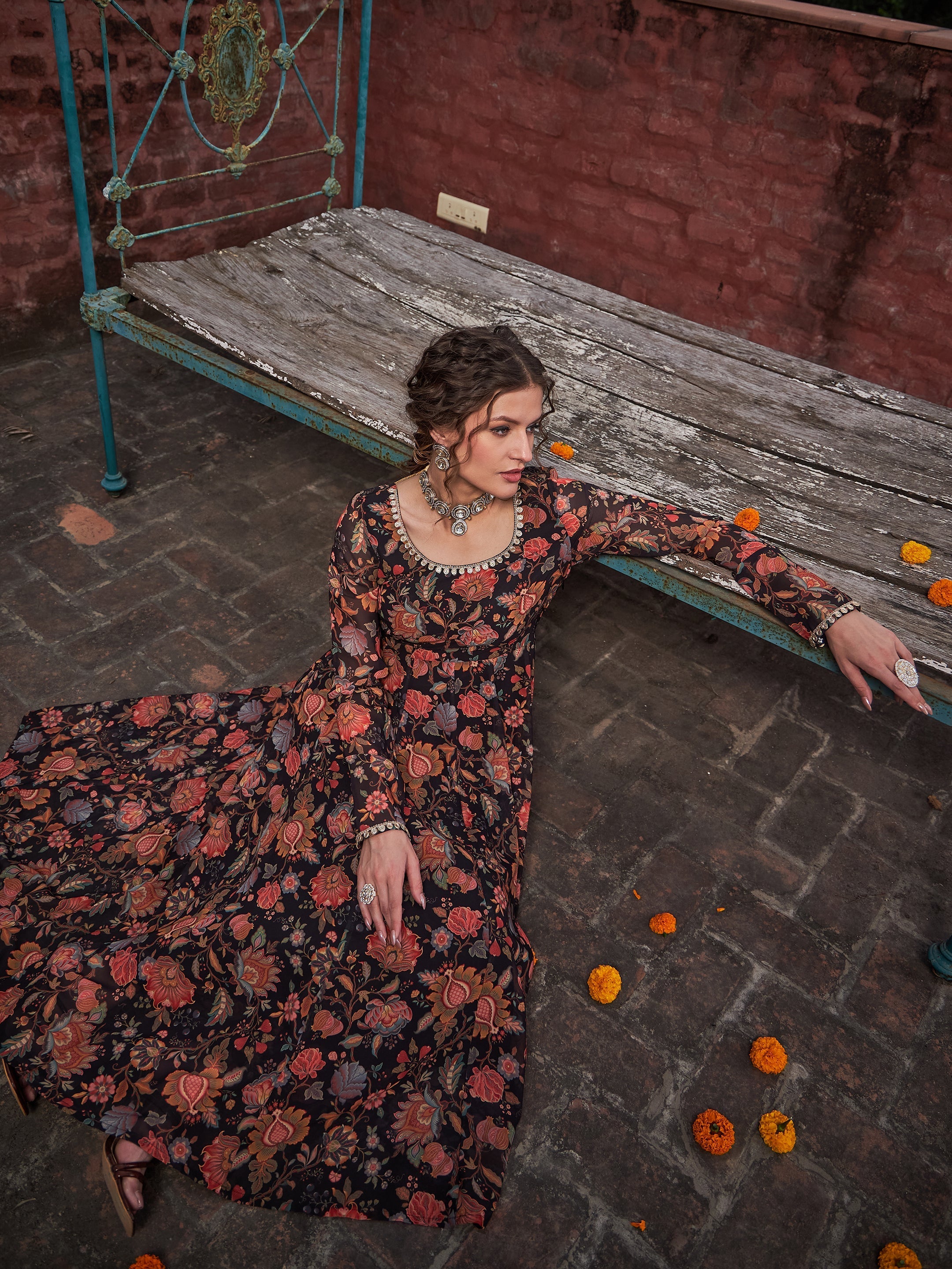 Women Black Floral Anarkali Kurta With Straight Pants-SHSET96266