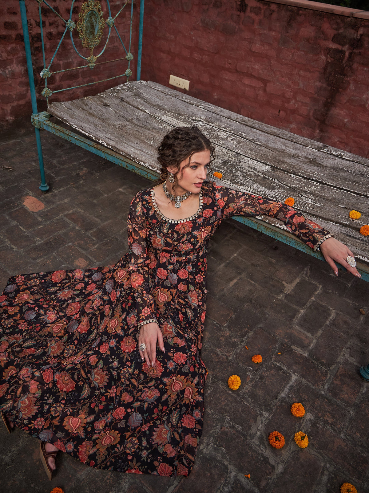 Women Black Floral Anarkali Kurta With Straight Pants-SHSET96266