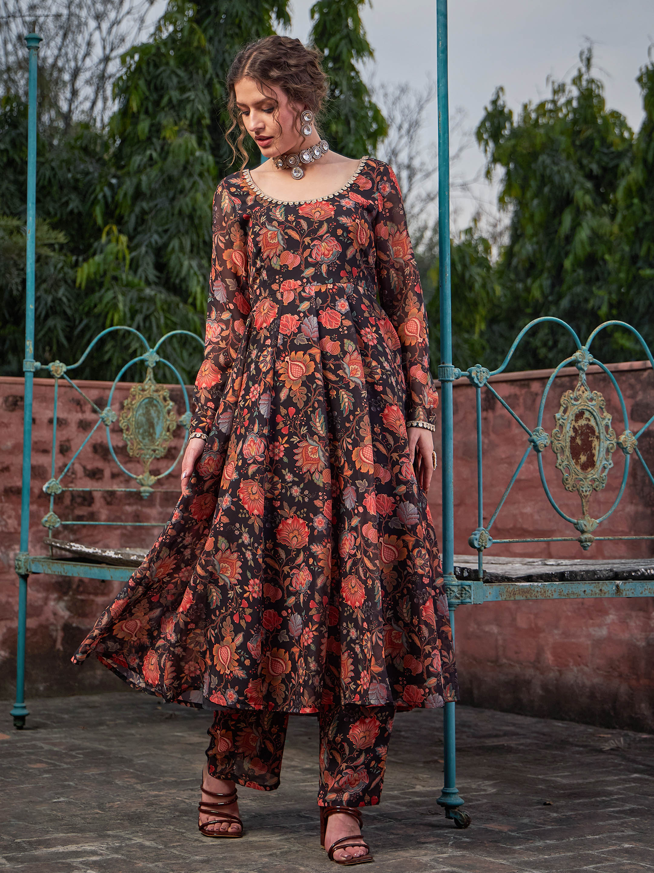 Women Black Floral Anarkali Kurta With Straight Pants-SHSET96266